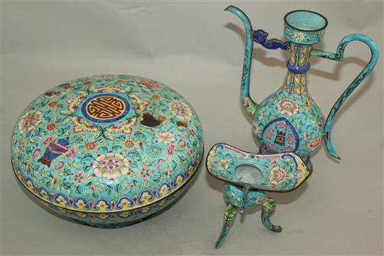 An unusual Chinese Canton enamel set, 19th century, some damages